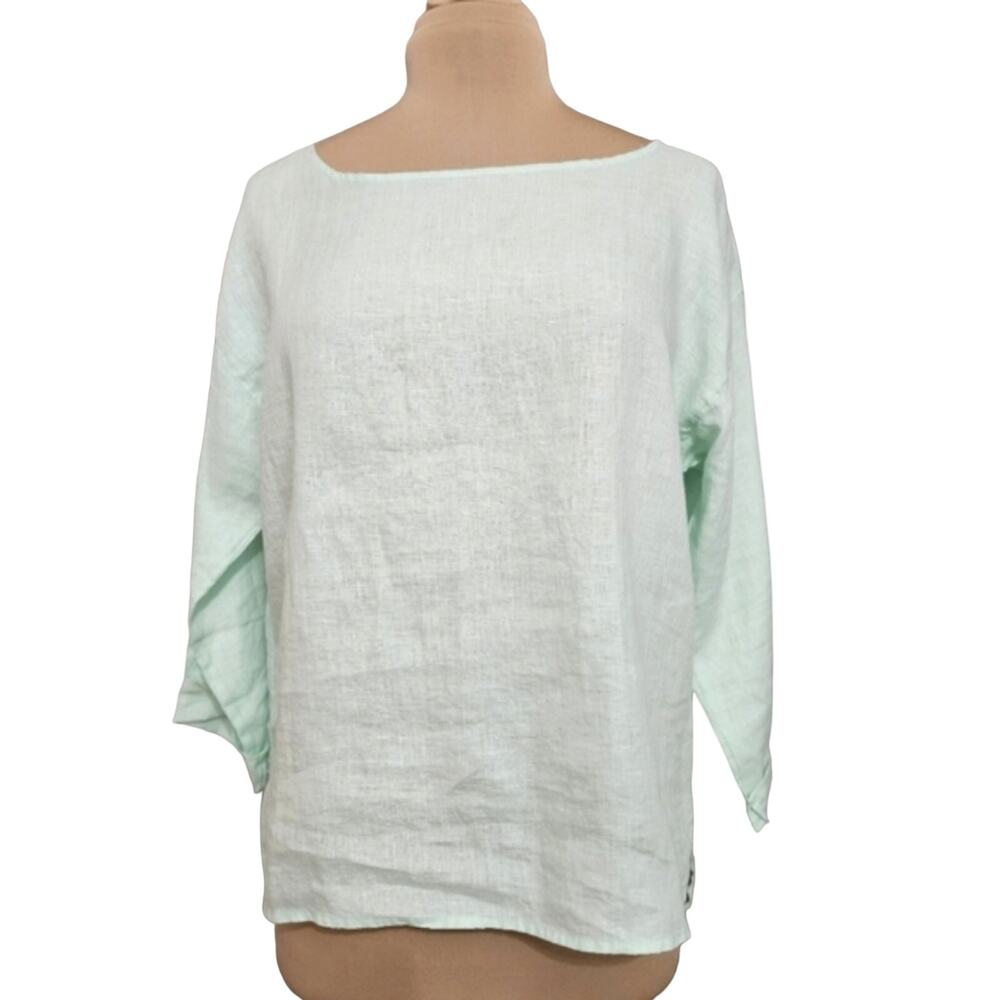 Eileen Fisher Mint Green 100% Organic Linen‎ Boxy Boat Neck Blouse Top S R16OLA